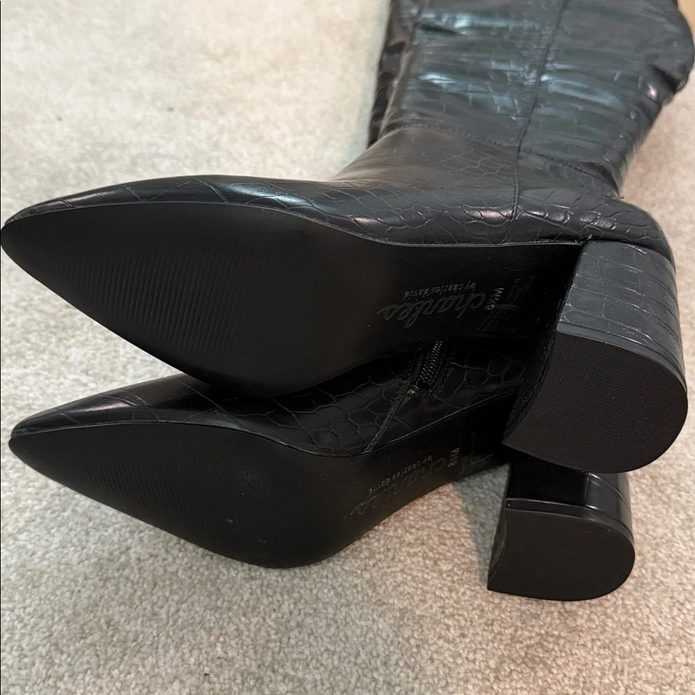 NIB Charles David Black Croco Faux Leather Over Knee Boots Size 8.5